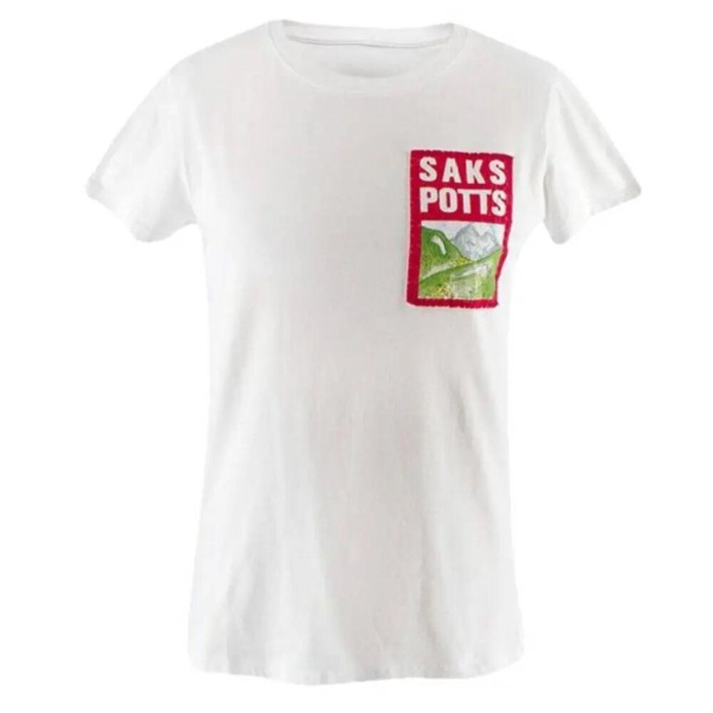 Saks Potts White Tee with Red and Green Mountain Patch Logo XS S